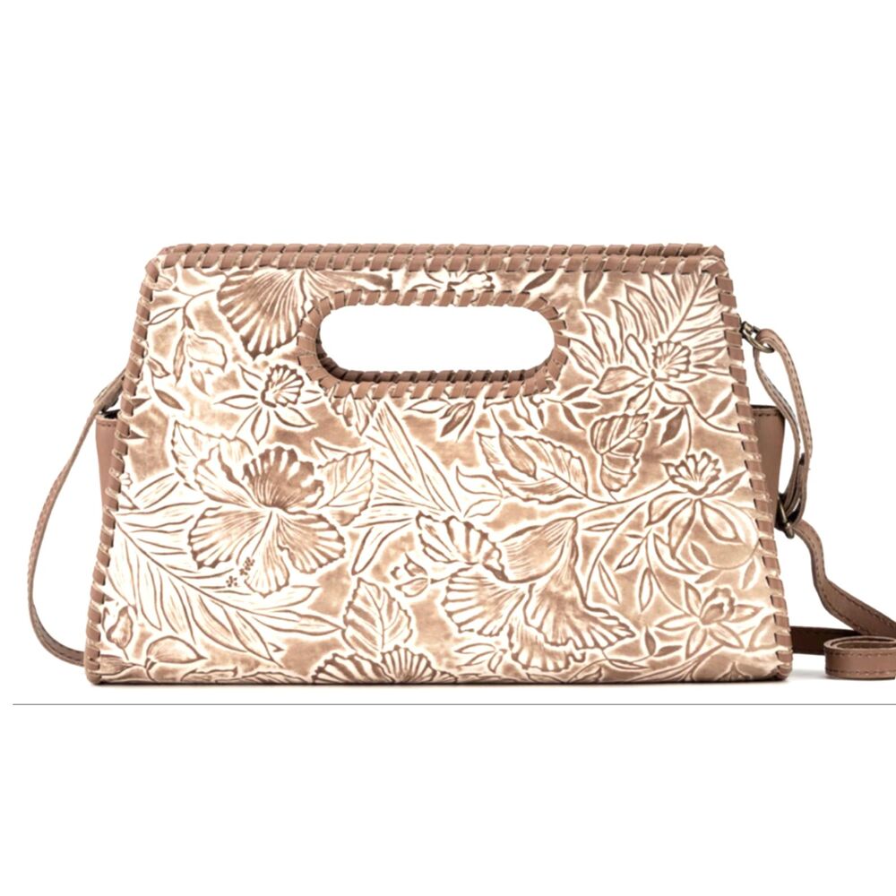 The Sak Camarillo Floral Embossed Leather Clutch Tobacco Brown